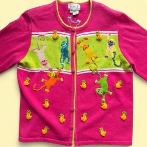 Just Be Pink and Green embroidered money and banana Sweater vintage size medium